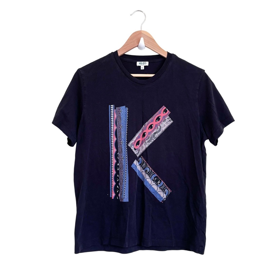 Kenzo Womens Graphic K Eyes Logo T-Shirt XL Black Streetwear Artsy Tee FLAW